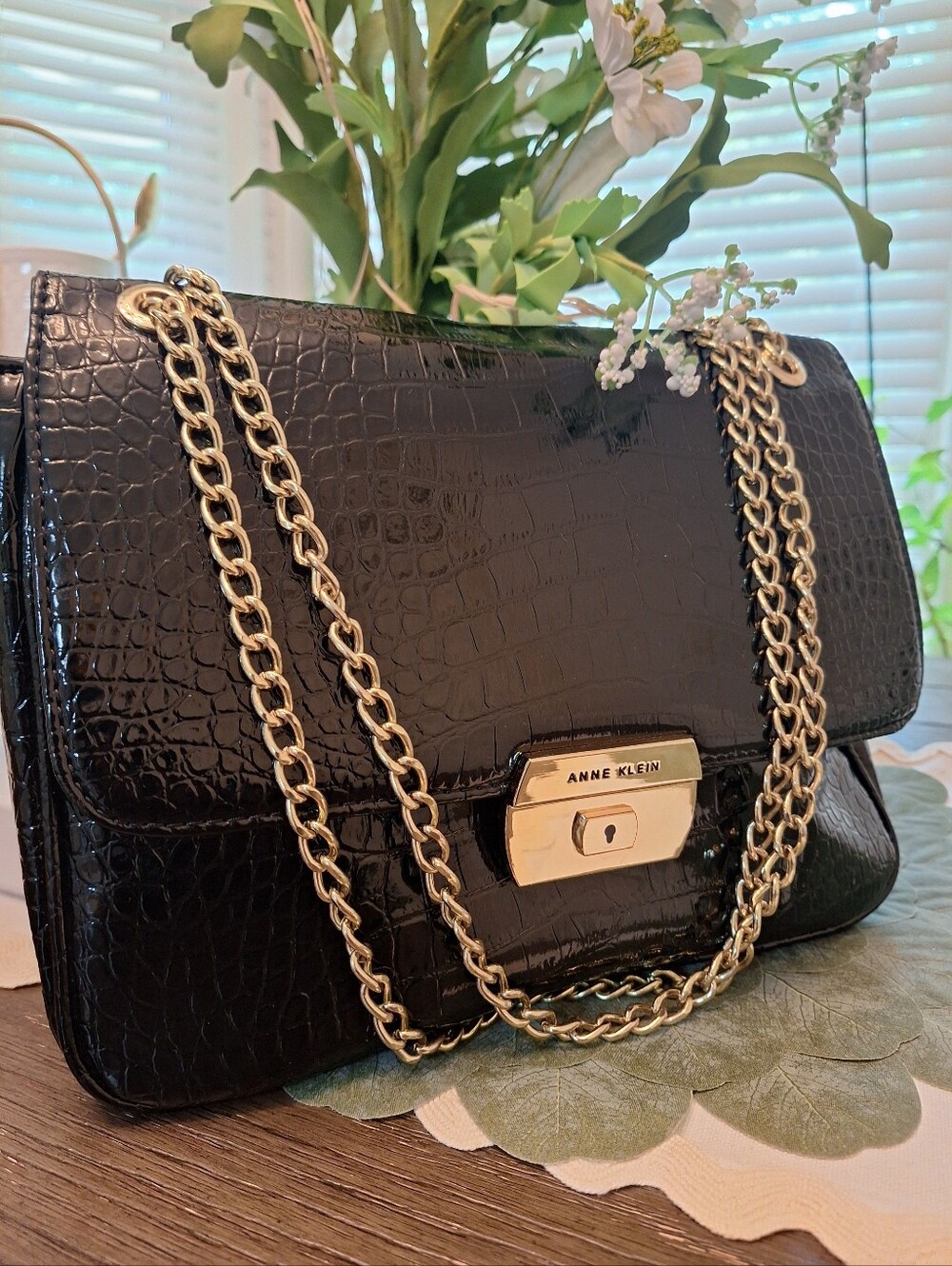 Anne Klein Black Croc-Embossed Shoulder Bag with Gold Chain